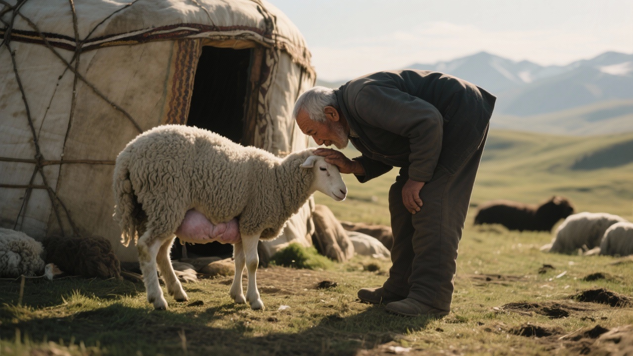 传统毡帐旁老牧人俯身贴近临产母羊腹部倾听胎动声音的温暖时刻,阳光照射。