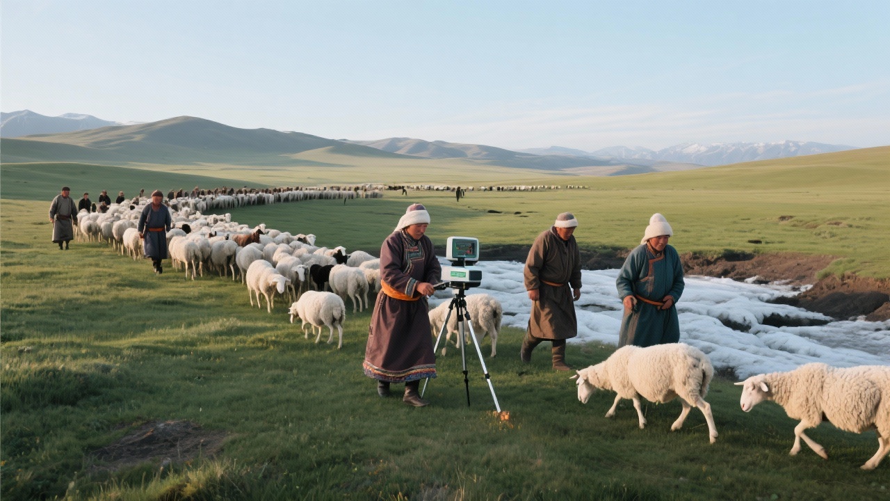 牧民团队使用孕羊和全息仪探测冻土后安全绕行危险区域的集体迁徙画面,草原和谐氛围。