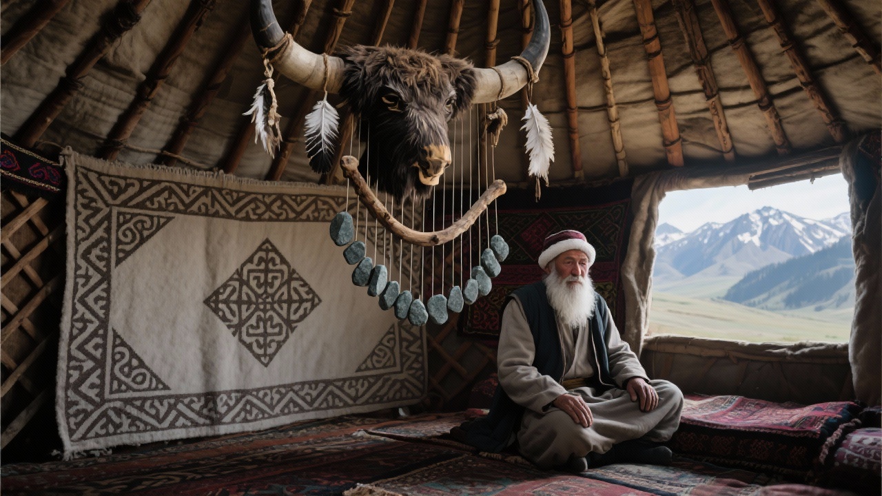 描绘毡房内部场景：一位白髯柯尔克孜牧人阿曼静坐于毡房中，房顶悬垂用牦牛筋、鹰羽、漂流木制成的奇特弦铎装置，中央系着青灰砾石微颤，墙面挂有素色大地毯，古老几何纹样与窗外阿勒泰山脊轮廓呼应，充满神秘古老氛围。