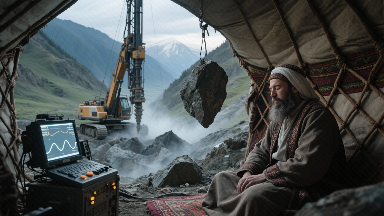 场景显示山谷地质勘探：钻机轰鸣震波如无形铁蹄，仪器荧幕曲线起伏，毡房内阿曼闭目静坐，悬石颤抖筋弦呻吟，与现代科技形成鲜明冲突。