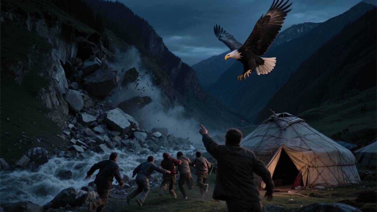 夜间山崩灾难场面：阿曼掀帘指向远山幽深背谷，众人惊恐奔逃，背景山体轰然塌陷碎石巨流碾压营地，毡房屋顶悬石剧烈摇摆鹰羽飞扬，预示救险成功。